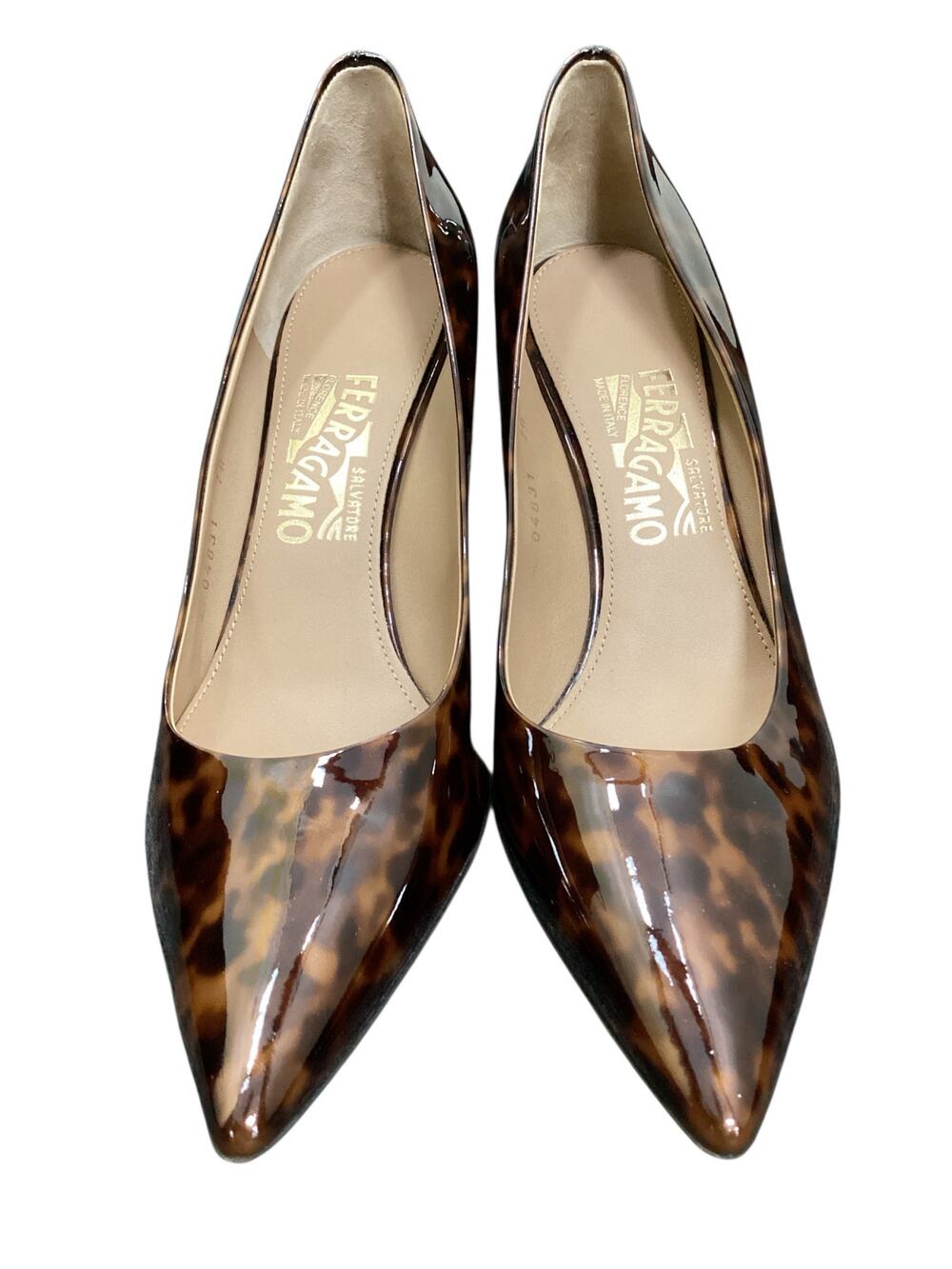 Salvatore Ferragamo Heels Women’s SZ 9 Leather With Glossy Finish Brown Tortoise